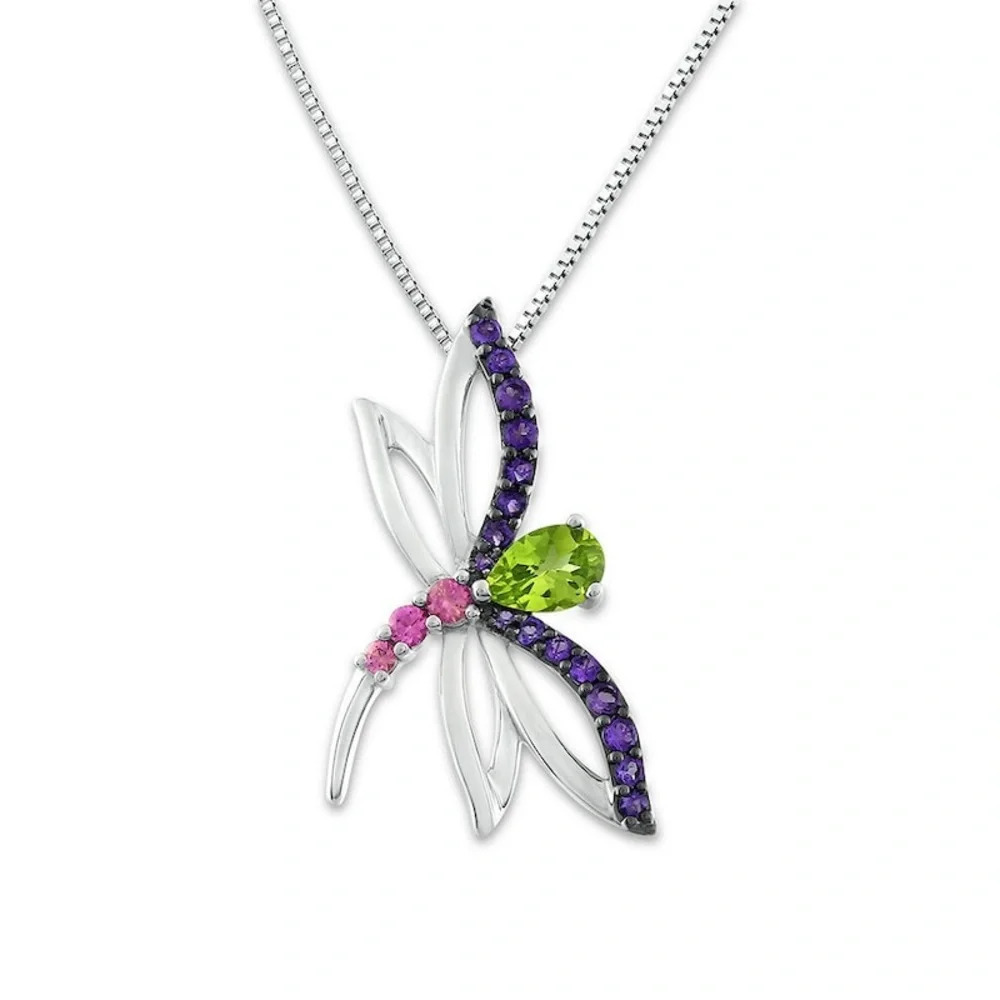 Sterling Silver Necklace Dragonfly 18" Amethyst Pink Sapphire Peridot New In Box
